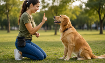 Dog training session with a golden retriever learning a command from its owner