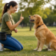 Dog training session with a golden retriever learning a command from its owner