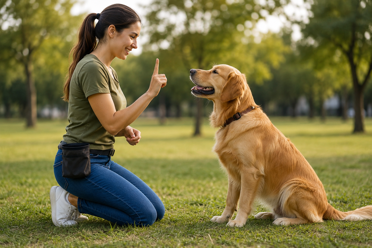 Dog training session with a golden retriever learning a command from its owner