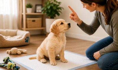 Potty train a puppy with a trainer using a puppy training pad