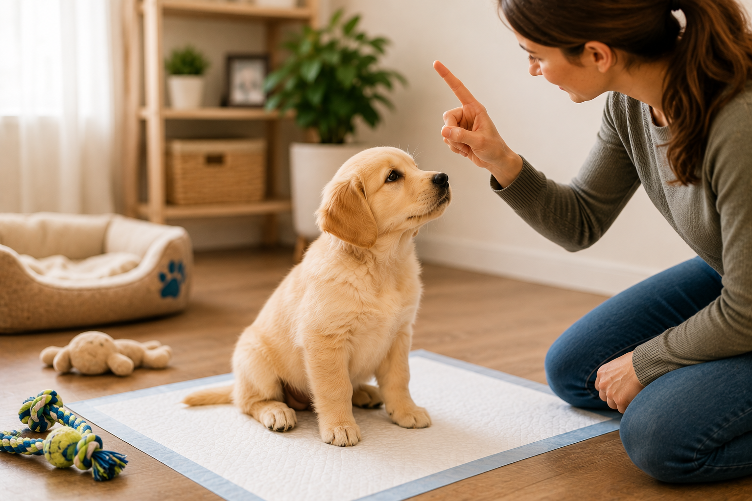 Potty train a puppy with a trainer using a puppy training pad