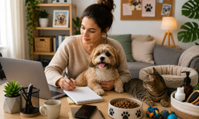 Busy pet owner working from home while caring for a dog and cat as part of a Daily Pet Care Routine.