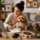 Busy pet owner working from home while caring for a dog and cat as part of a Daily Pet Care Routine.