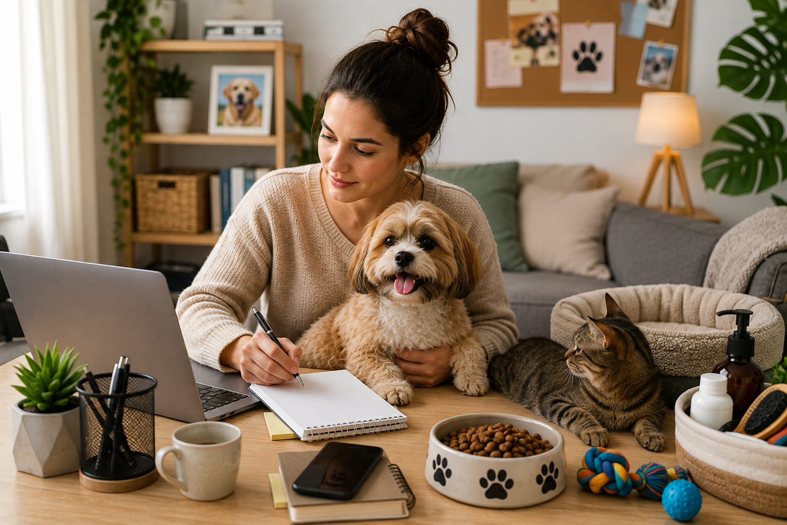 Busy pet owner working from home while caring for a dog and cat as part of a Daily Pet Care Routine.