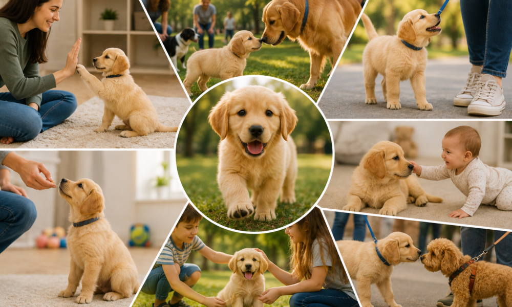 How to Socialize a Puppy with people, children, and other friendly dogs during positive socialization activities.