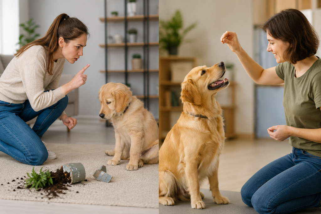 **Alt text:**
Obedience training for dogs showing the difference between harsh scolding and positive reinforcement while training a Golden Retriever indoors.