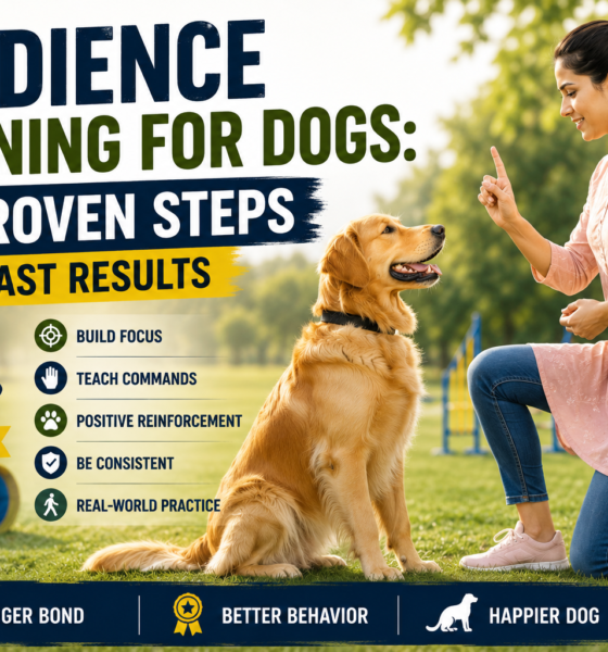 Obedience training for dogs showing a woman using hand commands and positive reinforcement to train a Golden Retriever in an outdoor park.