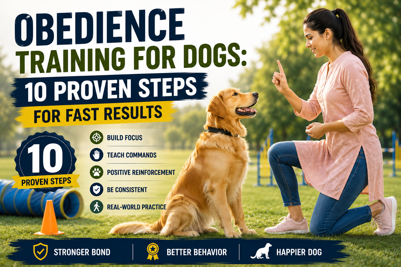 Obedience training for dogs showing a woman using hand commands and positive reinforcement to train a Golden Retriever in an outdoor park.
