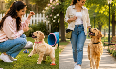 Dog training comparison showing a puppy learning commands with a woman and an adult Golden Retriever walking calmly beside a trainer