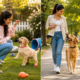 Dog training comparison showing a puppy learning commands with a woman and an adult Golden Retriever walking calmly beside a trainer