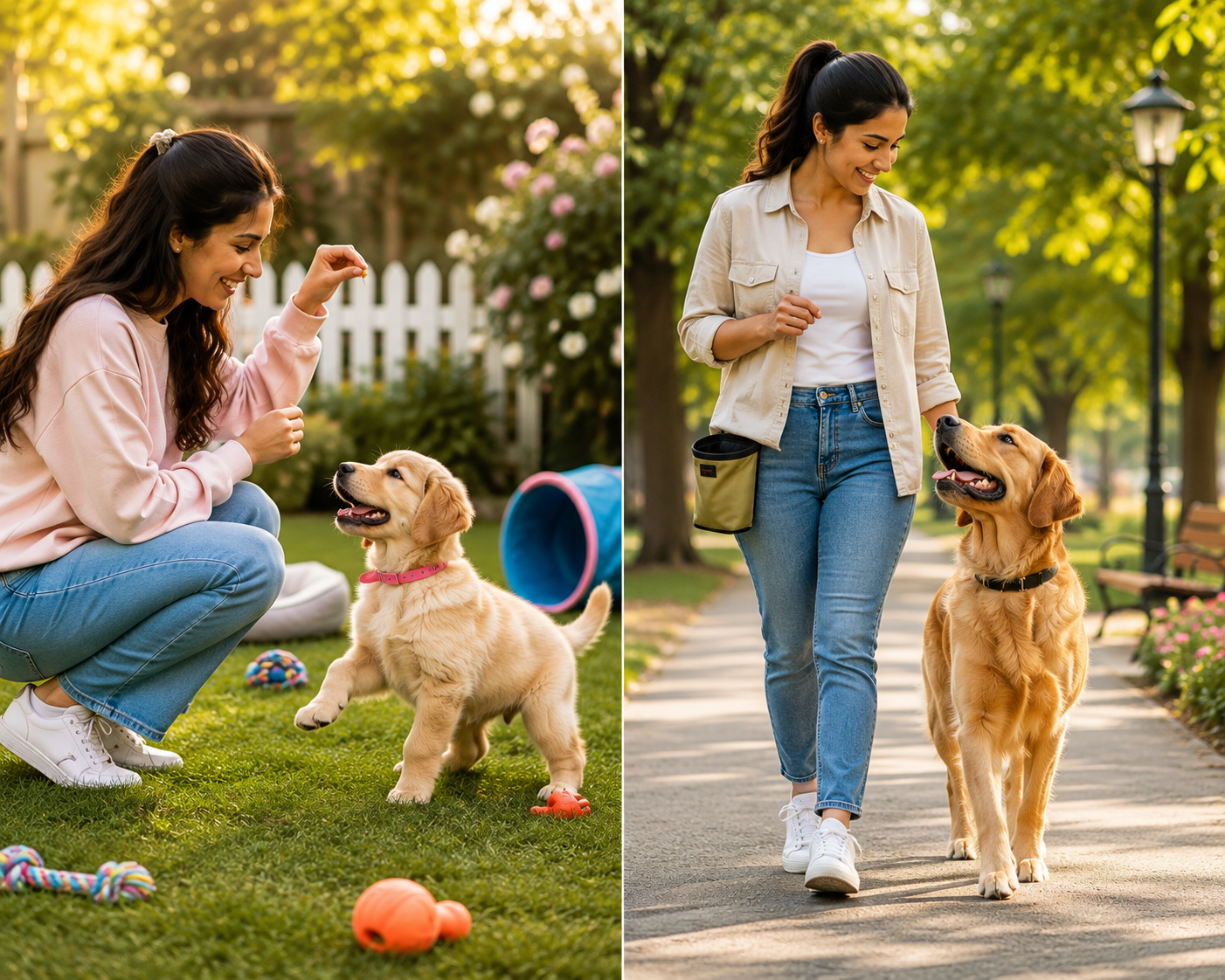 Dog training comparison showing a puppy learning commands with a woman and an adult Golden Retriever walking calmly beside a trainer