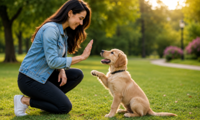 Puppy commands for off-leash safety with a woman training a golden puppy in a park