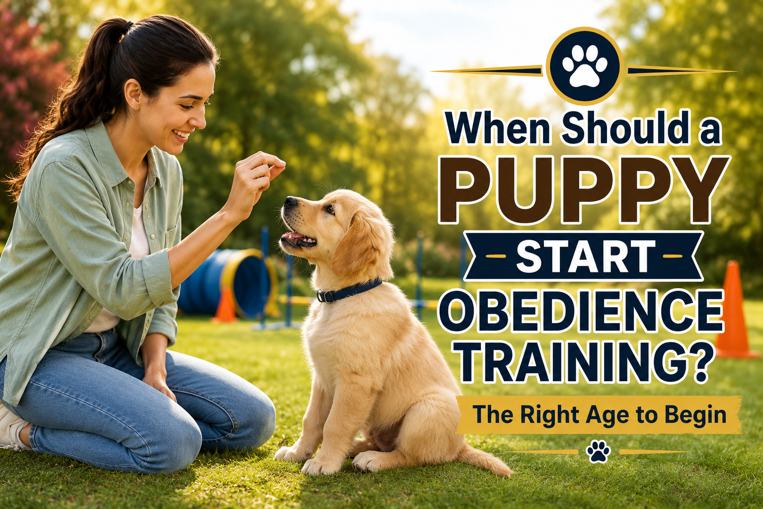 When should a puppy start obedience training? A woman teaching basic obedience commands to a young Golden Retriever puppy in a garden.
