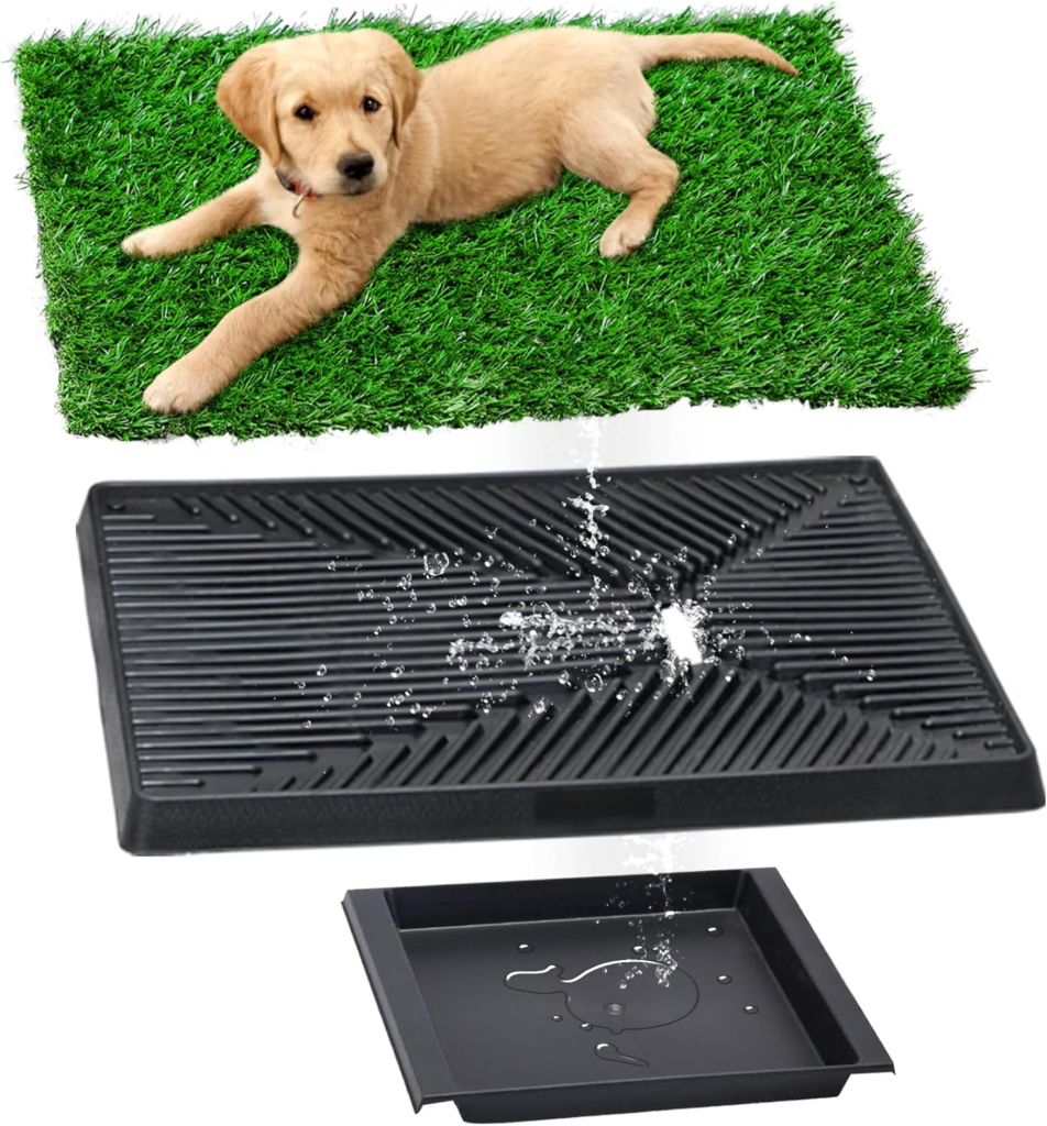 Potty train a puppy using an artificial grass potty pad with a removable drainage tray