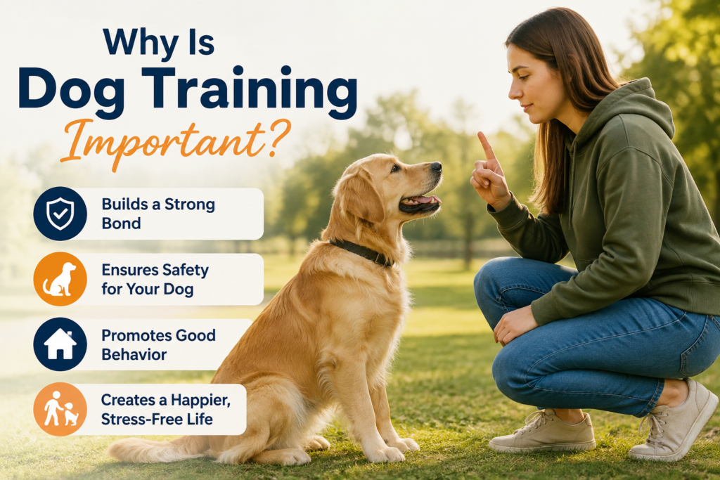 A woman uses a hand signal to teach a golden retriever during a dog training session outdoors, highlighting obedience, good behavior, safety, and a strong bond between the dog and owner.