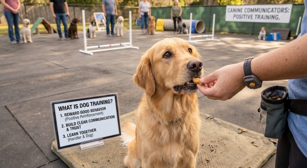 Dog training with a golden retriever learning commands from its owner in a park