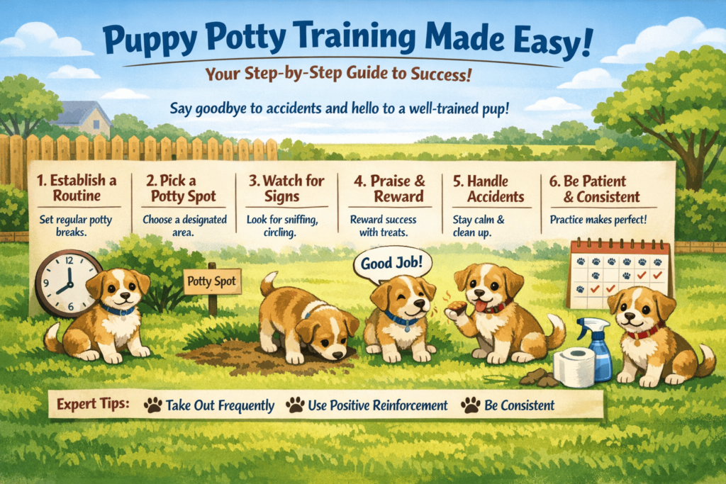 Potty train a puppy with a step-by-step guide showing a routine, potty spot, reward, accident cleanup, and consistency