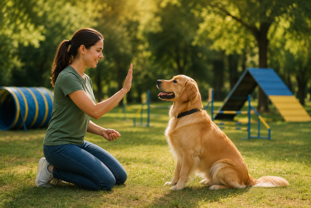 Dog training with a woman teaching a golden retriever a hand signal in an outdoor agility park.
