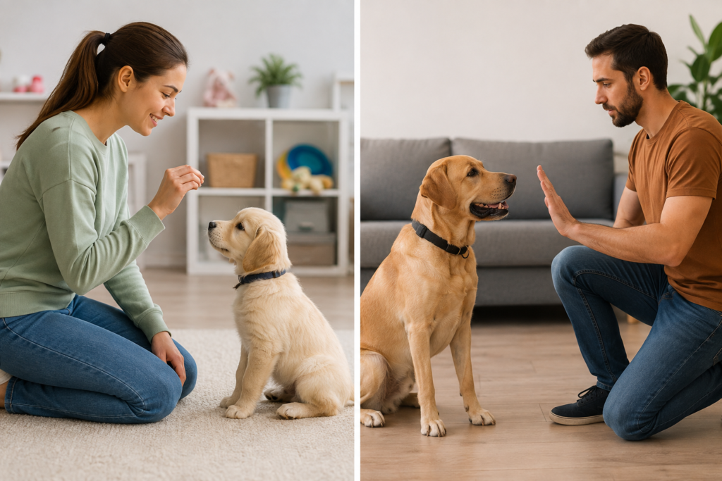 Dog training comparison showing a puppy learning basic commands with a woman and an adult dog practicing obedience with a man
