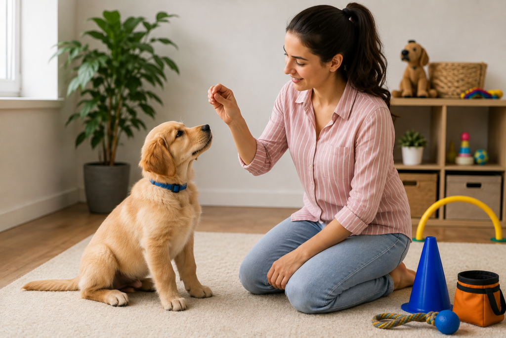 Dog training with a Golden Retriever puppy learning a basic command from a woman at home
