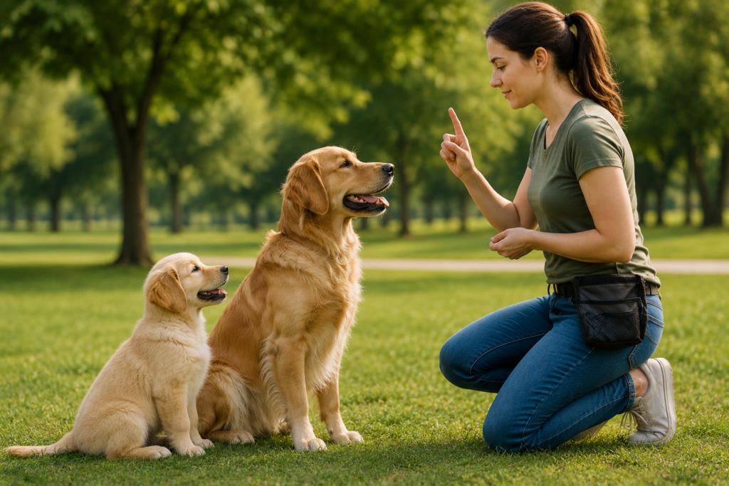 Dog training with a puppy and adult Golden Retriever practicing obedience commands with a trainer in a park
