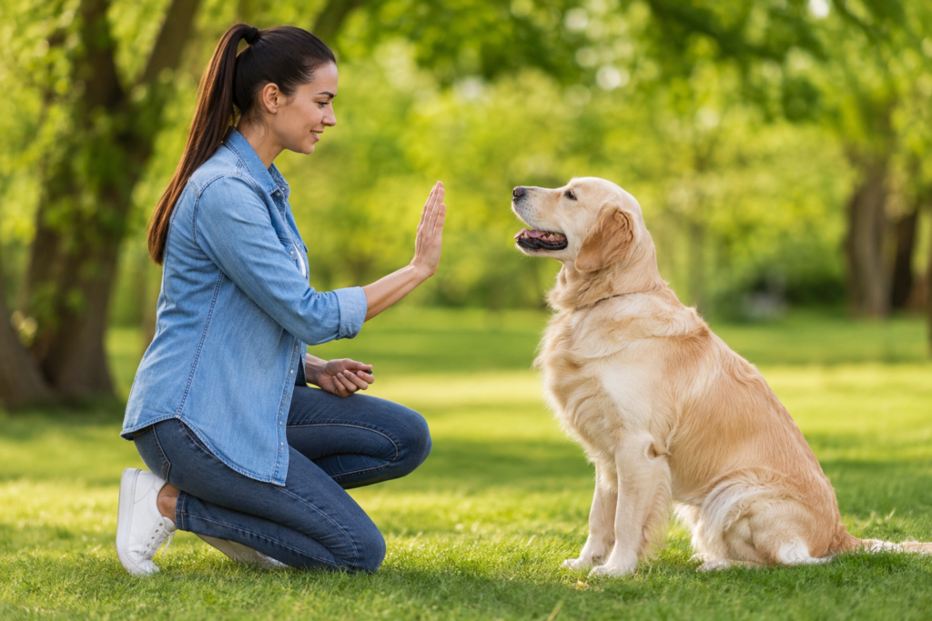Dog training with a Golden Retriever practicing a basic obedience command with a woman in a park

