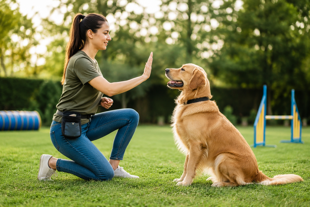 Obedience training for dogs with a Golden Retriever sitting calmly and following its trainer’s hand command in an outdoor training area.