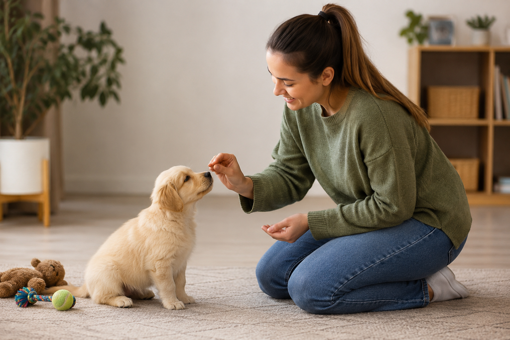 A woman rewarding a Golden Retriever puppy with a treat during **obedience training** at home.