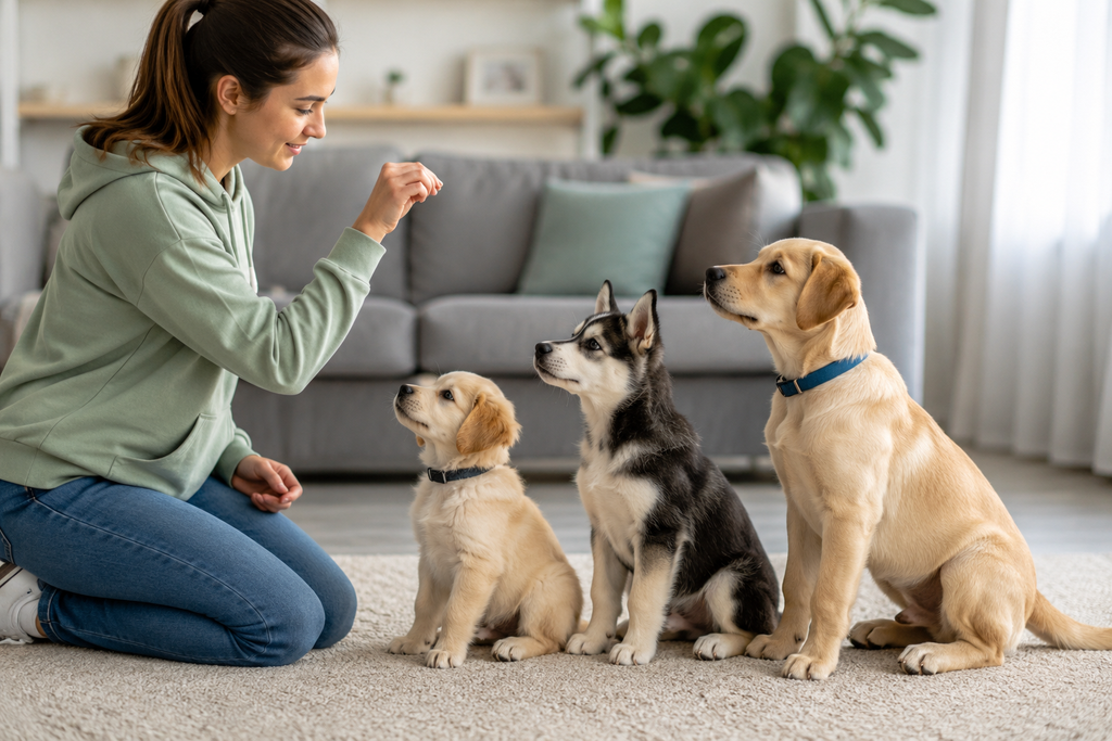 A woman teaching three dogs to sit and focus during **obedience training** at home.