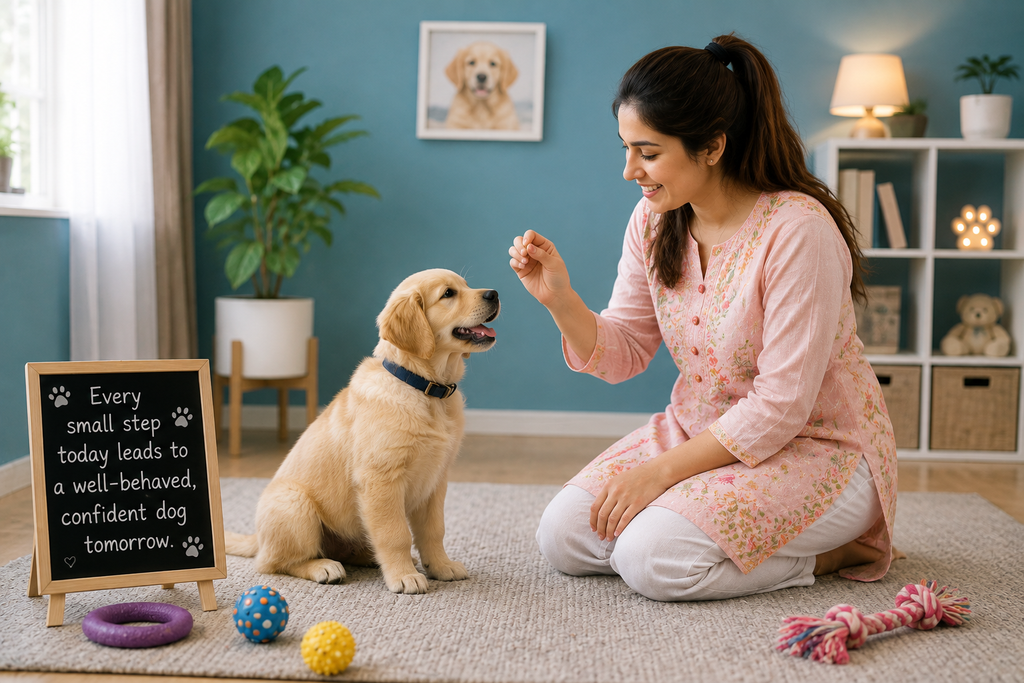 A woman teaching a Golden Retriever puppy basic commands during **obedience training** at home.