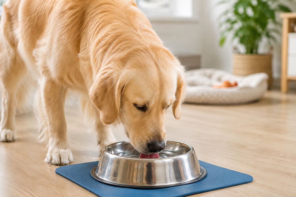Golden Retriever drinking fresh water from a bowl as part of a **Daily Pet Care Routine** at home.