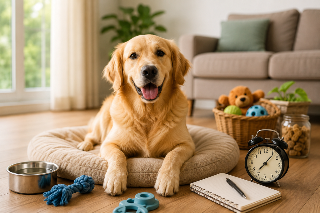 Golden Retriever relaxing on its bed with water bowl, toys, treats, clock, and notebook as part of a Daily Pet Care Routine.