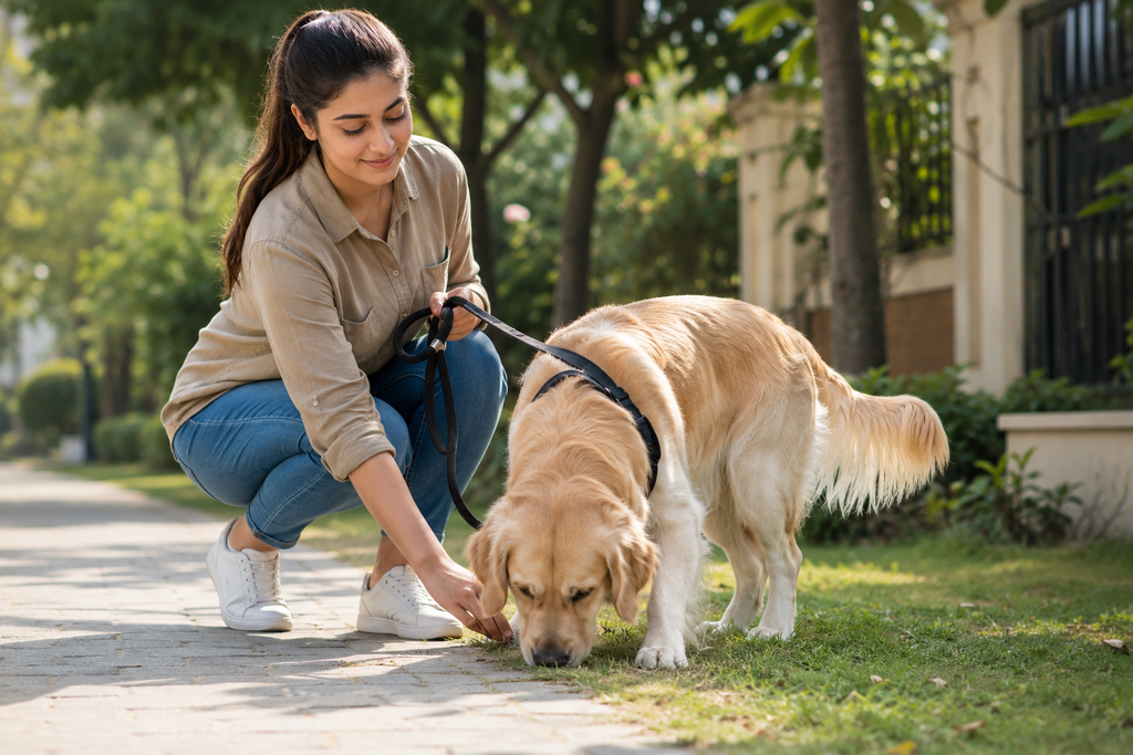 Pet owner taking a Golden Retriever outside for a walk as part of a **Daily Pet Care Routine**.