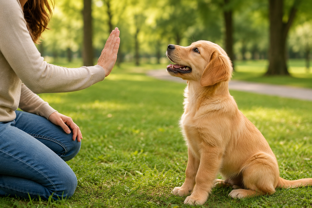
Puppy Commands training with a golden puppy sitting and responding to a hand signal in a park.
