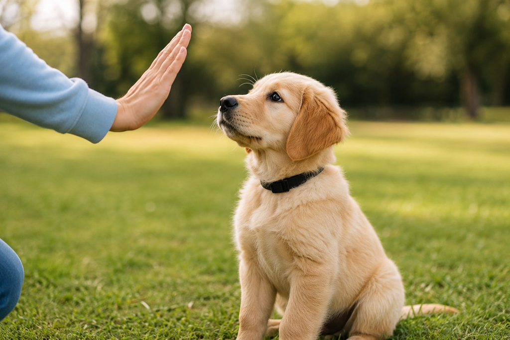 Puppy Commands training with a golden puppy sitting attentively and responding to a hand signal in a grassy park.