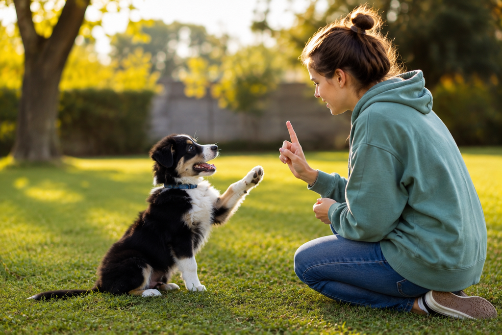 Puppy Commands training with a young woman teaching a playful black-and-white puppy to follow a hand signal in a park.