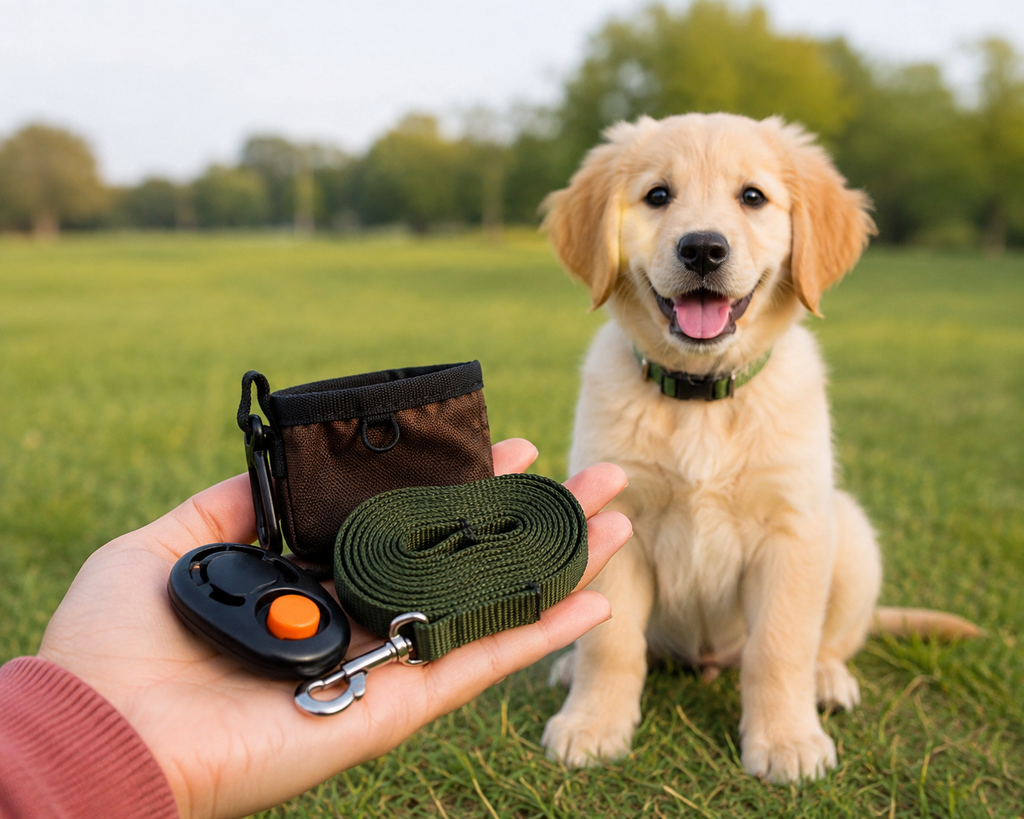 Puppy Commands training equipment, including a leash, treat pouch, and clicker, shown with a golden puppy in a park.