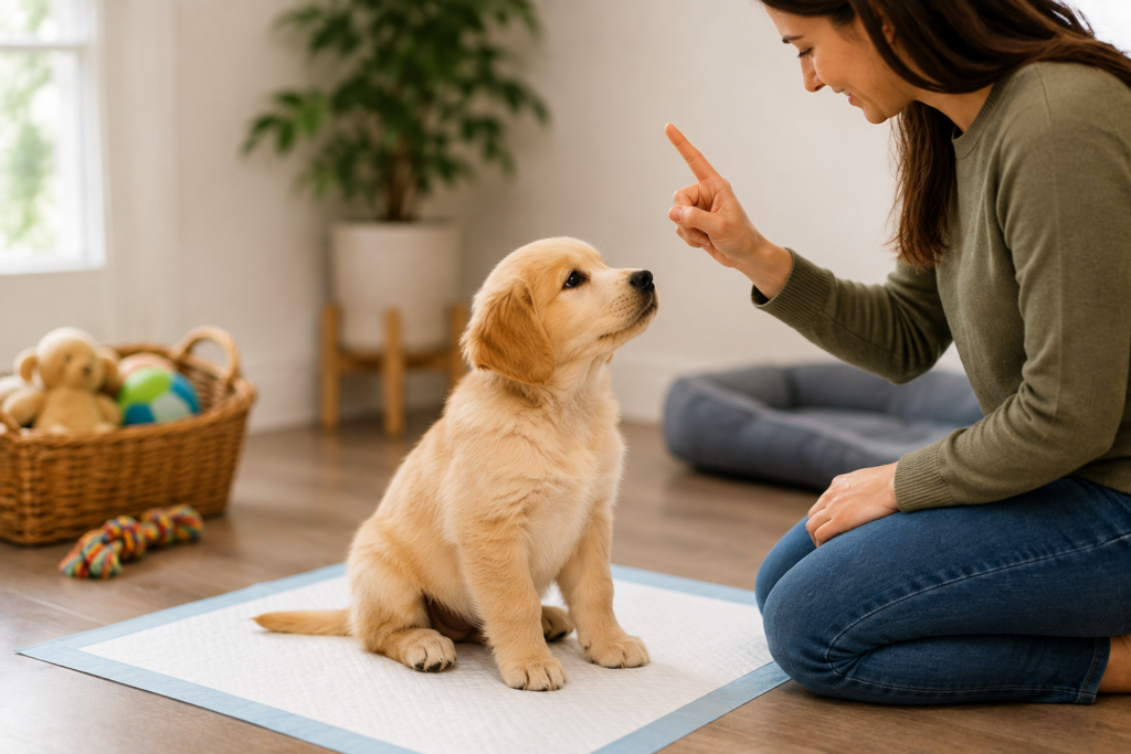 Potty Train a Puppy in room .Potty training means teaching your puppy where and when it is okay to go to the bathroom. 