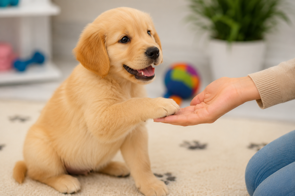 **Alt Text:**
How to Socialize a Puppy by teaching a golden retriever puppy to calmly interact with a person.
