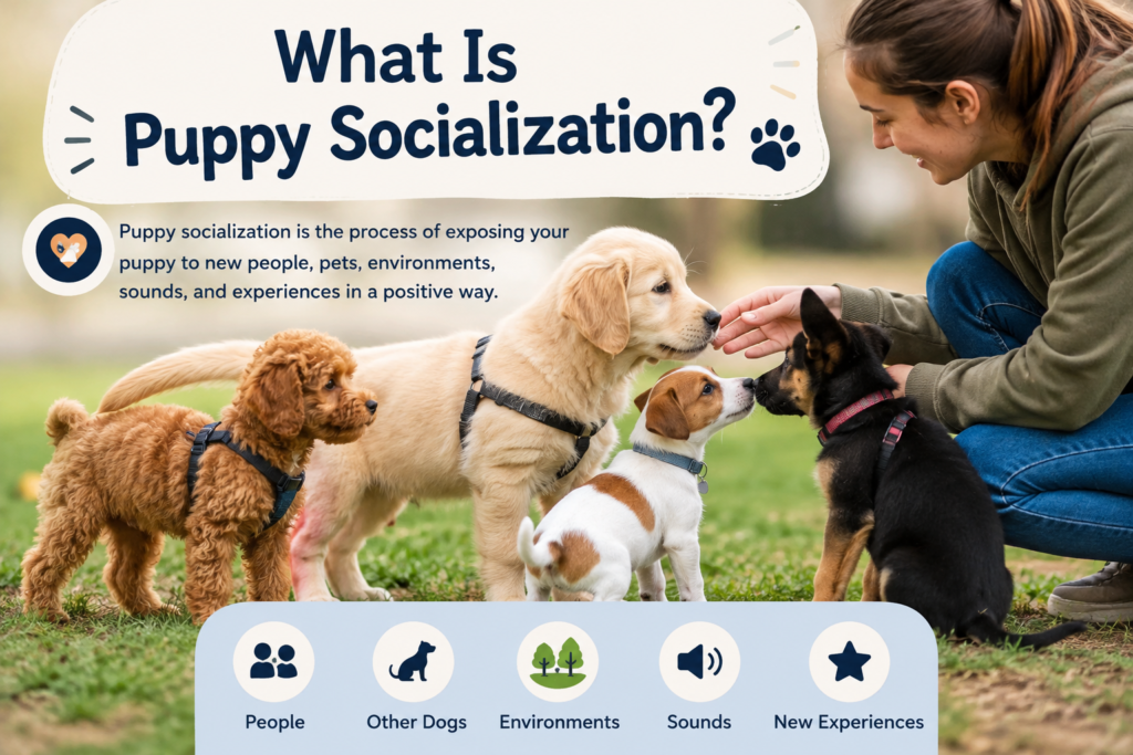 **Alt Text:**
How to Socialize a Puppy with people, other dogs, new environments, sounds, and positive experiences.
