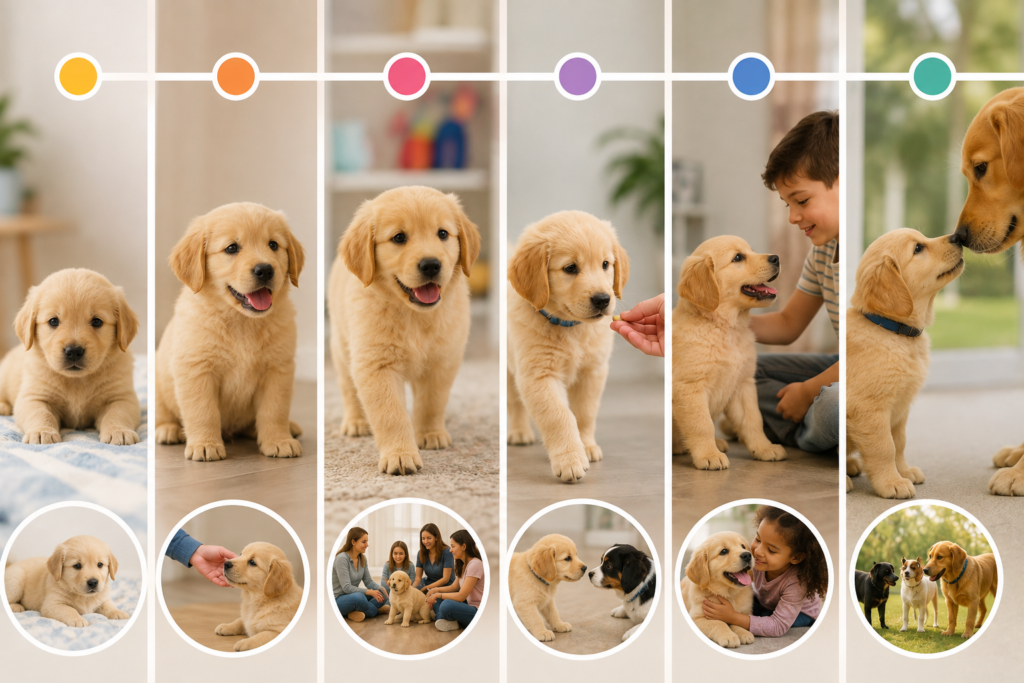 **Alt Text:**
How to Socialize a Puppy through positive interactions with people, children, other dogs, leash walking, and gentle training.
