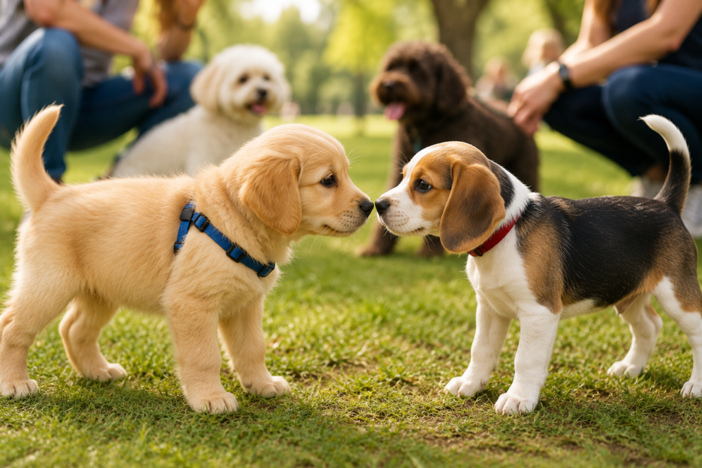 **Alt Text:**
How to Socialize a Puppy by introducing a young puppy to another friendly dog in a safe outdoor setting.
