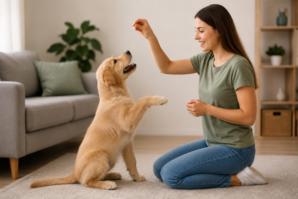 Dog training at home with a woman teaching a golden retriever to follow a hand signal.