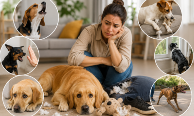Common Dog Behavior Problems showing a dog with barking, destructive chewing, aggression, anxiety, and leash pulling behaviors