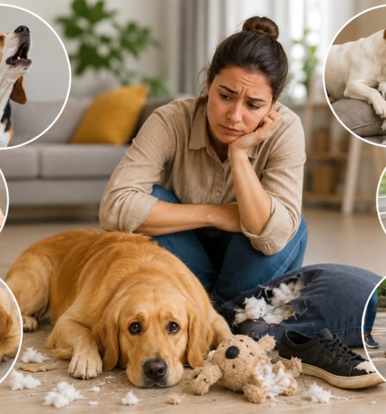 Common Dog Behavior Problems showing a dog with barking, destructive chewing, aggression, anxiety, and leash pulling behaviors