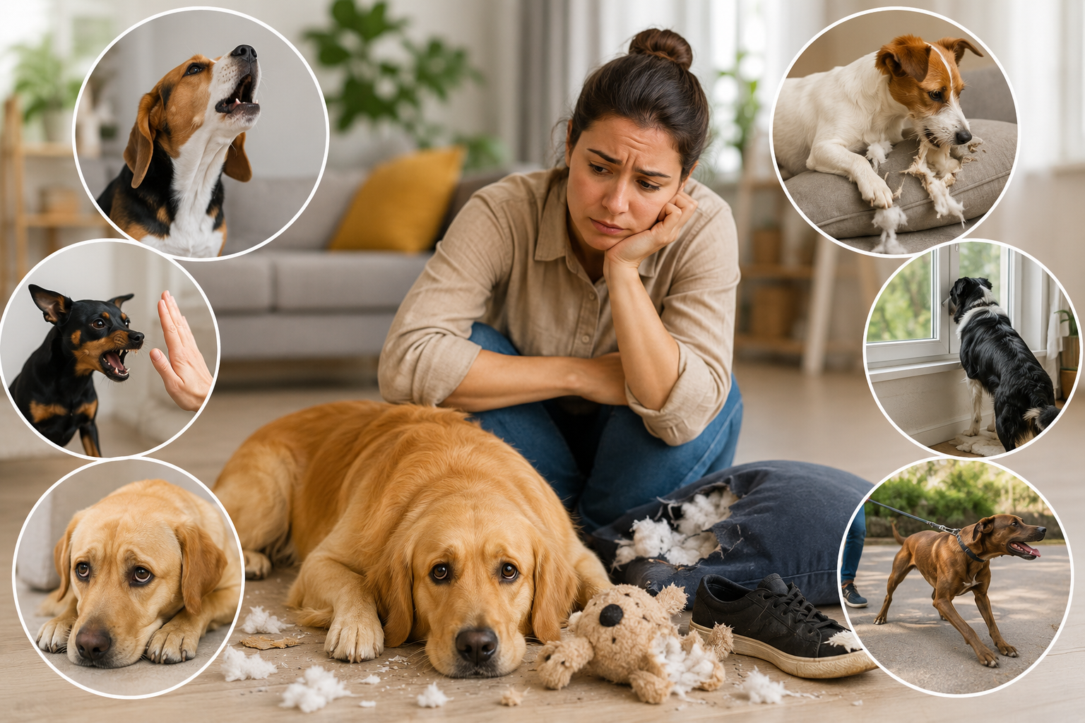Common Dog Behavior Problems showing a dog with barking, destructive chewing, aggression, anxiety, and leash pulling behaviors