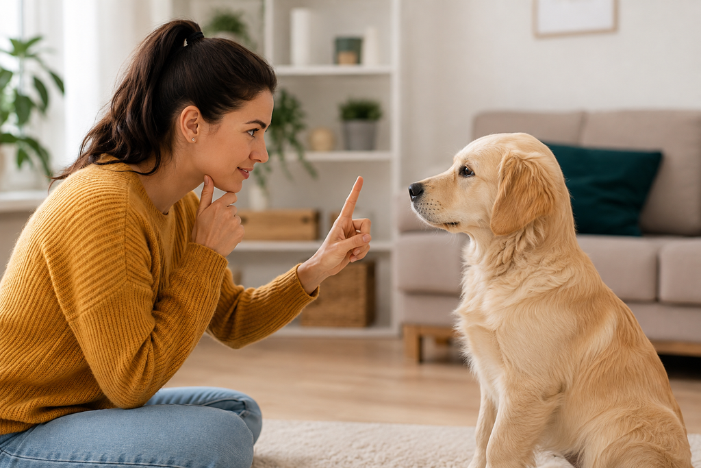 Woman training a Golden Retriever with positive guidance during a dog behavior training session.