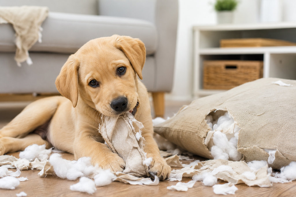 Puppy chewing a torn cushion and fabric, illustrating destructive chewing as a common dog behavior problem.