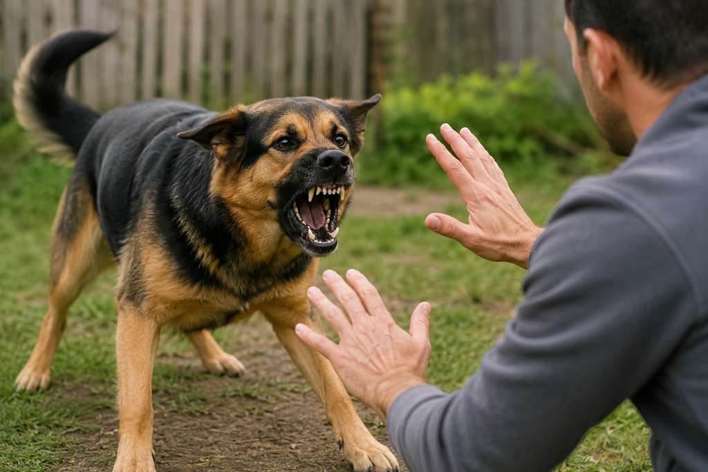 Aggressive dog growling and showing its teeth while a person cautiously responds, illustrating dog aggression and behavior problems.
