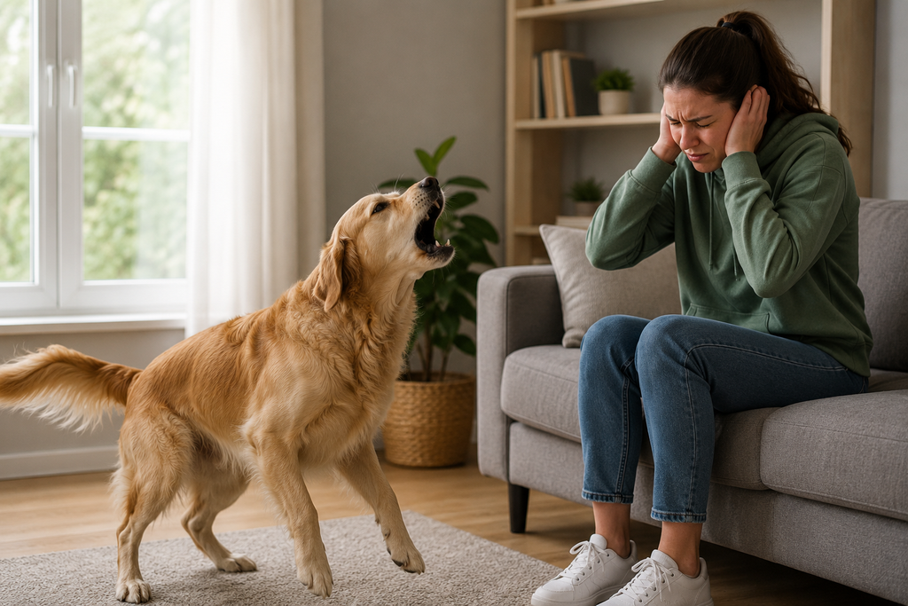 Golden Retriever barking loudly at a woman covering her ears, illustrating excessive barking and common dog behavior problems.
